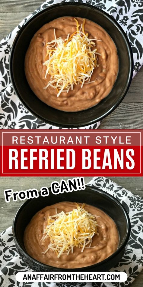 Restaurant style refried beans topped with shredded cheese in a black bowl. Can Refried Beans Recipe, Best Refried Beans Recipe, Refried Beans Recipe Easy, Canned Refried Beans, Mexican Refried Beans, Make Refried Beans, Canning Refried Beans, Homemade Refried Beans, Refried Beans Recipe