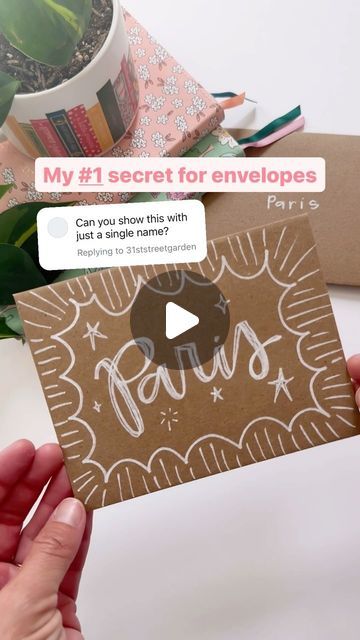 Pippi Post | Bookish Merch ✨ on Instagram: "Want my number one tip for envelopes? 

If you’re not worried about an address or stamp, always ✨TAKE UP MORE SPACE! ✨

This will make your envelope POP! 

To get this look:

✨ Start with a brown kraft envelope and card (so many to choose from in my shop!) 

✨ Try to take up as much space as possible! Since I’m just writing one name, I added a border!

✨ Thicken the letters! I’m using a medium sized pen tip here, but I wanted to letters to stand out so I added extra strokes.

✨ Finish by adding embellishments or doodles in the negative space around the name!

Comment LINK below and I’ll send you the supplies! 👇

#writelikepippi #enevelopeaddressing #handwritingtips #handwritingideas #pippipost #stationeryaddict" Decorate Envelope Ideas, Decorate Envelope, Decorated Envelopes, Bookish Merch, Addressing Envelopes, Snail Mail, Card Envelopes, Brown Kraft, Negative Space