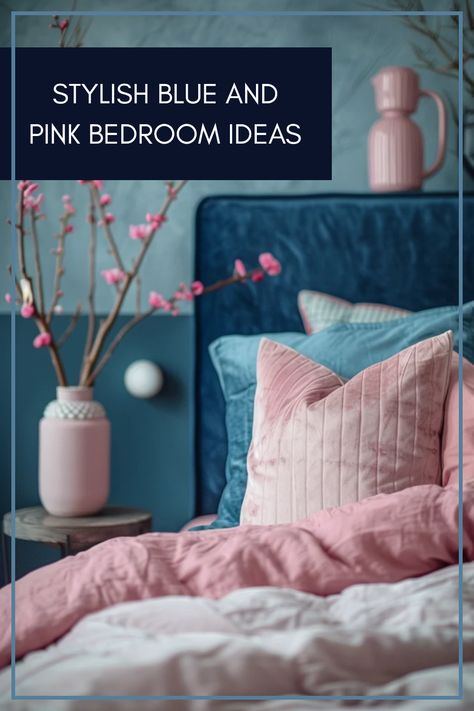 Discover stylish blue and pink bedroom ideas for adults, showcasing elegant decor inspirations and soothing color combinations to create a chic and relaxing atmosphere in your living space. Dark Teal And Pink Bedroom, Pink And Blue Bedroom Aesthetic, Blue And Pink Bedroom For Adults, Blue And Pink Room Aesthetic, Navy And Pink Bedroom, Pink And Navy Bedroom, Salmon Bedroom, Married Couples Bedroom, Pink And Teal Bedroom