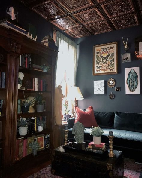 Goth Library, Modern Gothic Living Room, Gothic Living Room Ideas, Gothic Study, Gothic Living Rooms, Accent Room, Victorian Gothic Decor, Gothic Library, Gothic Living Room