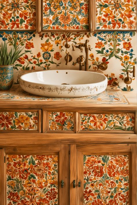 Mediterranean Tiles Bathroom, Mexican Inspired Kitchen, Small Wine Refrigerator, Spanish Mediterranean Kitchen, Mediterranean Kitchen Ideas, Mediterranean Kitchen Decor, Spanish Bathroom, Simple Outdoor Kitchen, Terracotta Floor Tiles