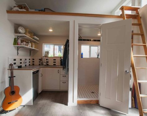 Art Studio & Tiny House 200 Sq Ft Studio, Tiny House 200 Sq Ft, Loft With Ladder, Studio Tiny House, Kitchen French, French Bathroom, Bohemian Cottage, Studio Loft, Backyard Studio