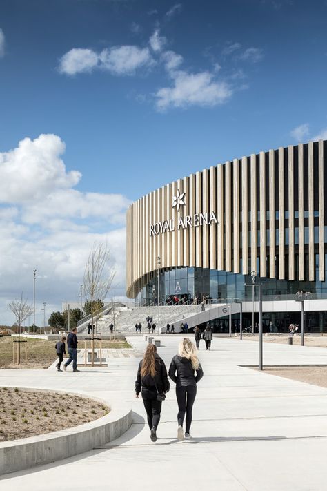 Royal Arena,© Adam Mørk Auditorium Architecture, Mall Facade, Auditorium Design, Wooden Facade, Exhibition Building, Architecture Elevation, Facade Architecture Design, Mall Design, Modern Exterior House Designs