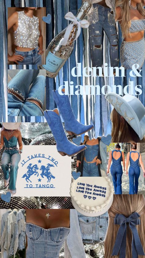 Denim Bachelorette Party, Diamonds Bachelorette, Denim Themed Party, Bachelorette Party Outfit Themes, Nashville Bachelorette Party Outfit, Bachelorette Outfit Themes, Bachelorette Inspo, Western Bachelorette, Bachelorette Theme