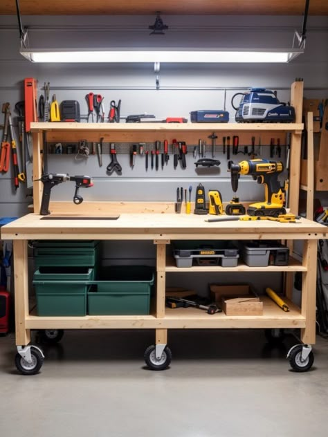 Garage Workbench Ideas - Workbench With Pegboard, Garage Workbench Ideas, Desk Accesories, Garage Workbench Plans, Furniture Ideas For Small Spaces, Diy House Furniture, Workbench Ideas, Workbench Designs, Garage Storage Inspiration