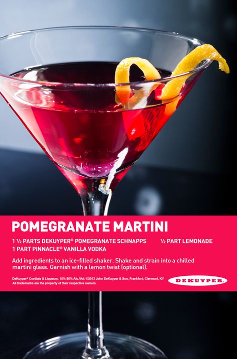 Vodka Martini Recipe, Sunset Cocktail Recipe, Pomegranate Cocktail Recipes, Pomegranate Drinks, Pomegranate Vodka, Martini Recipes Vodka, Coconut Vodka, Pomegranate Martini, Thanksgiving Cocktail Recipes