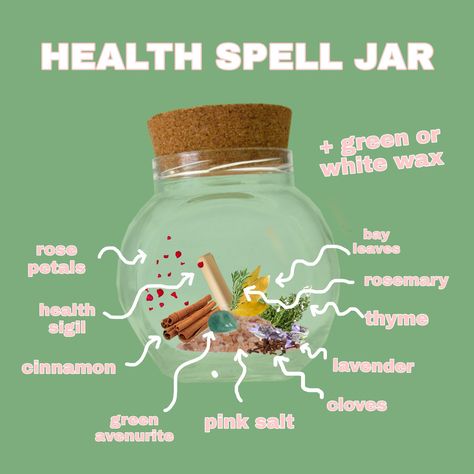 Spell Jars For Health, Health Spell Jars Recipes, Good Health Spell Jar For Someone Else, Health Jar Spell, Spell For Good Health, Good Health Spell Jar, Good Health Spell, Health Spell Jar, Spell Jars Recipes