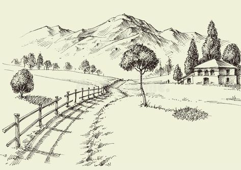 Road Drawing, Village Drawing, River Flow, Scene Illustration, Environment Painting, Mountain Drawing, Landscape Sketch, Mountains Landscape, Pencil Painting