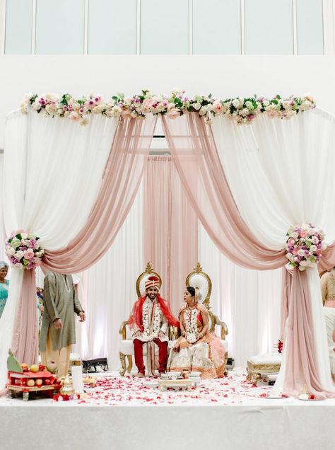 Summer Gujarati Indian Wedding. Pink, Mauve, white mandap. Venue: Sheraton Tysons Hotel, McLean, VA| Wedding Coordination: Vicky Choy/Event Accomplished. Photo: Mariel Hannah Weddings Decorations Elegant Romantic, Wedding Entry, Wedding Chuppah, Rustic Wedding Decorations, Entry Ideas, Wedding Party Flowers, Tafel Decor, Mandap Decor, Desi Wedding Decor