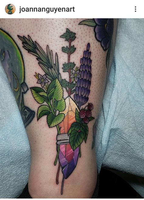 Jewel Tone Tattoo Sleeve, Crystal Bouquet Tattoo, Neo Traditional Witchy Tattoos, Colorful Witch Tattoo, Purple Mushroom Tattoo, Neo Traditional Crystal Tattoo, Crystal Sage Tattoo, Witch Tattoo Color, Cover Up Tattoos Floral