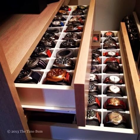 The Time Bum: How To Make a Watch Drawer  I can only imagine having a big collection like this.. Watch Organizer, Men Closet, Watch Storage, Closet Designs, Closet Design, Walk In Closet, Watch Collection, Closet Organization, Cool Watches