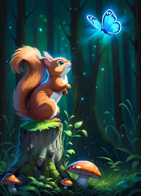 Squirrel and Butterfly,  on ArtStation at https://www.artstation.com/artwork/n09KB6 Cartoon Woodland Animals, Fantasy Squirrel, Squirrel Character Design, Butterfly Illustration Art, Cute Squirrel Cartoon, Hut Painting, In The Forest Illustration, Christmas Illustration Design, Optical Illusion Paintings