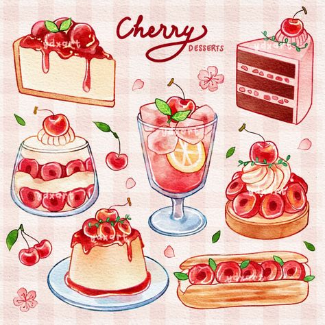 Desserts Drawing, Chibi Food, Cake Drawing, Food Doodles, 귀여운 음식 그림, Kawaii Dessert, Cherry Season, Barbie Paper Dolls, Cherry Desserts