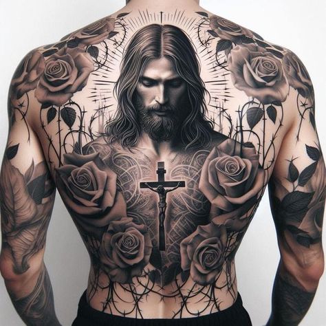 Realistic Back Tattoo, Men's Back Tattoos, Jesus Back Tattoo, Full Back Tattoos For Men, Jesus 2024, Mother Mary Tattoos, Japanese Tattoos For Men, Bible Tattoos, Christ Tattoo