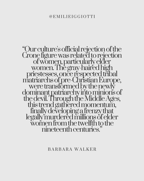 RECLAIMING THE CRONE.⁠ ⁠ The Crone is the archetype of the Wise Woman. Before patriarchy took over society, the Crone was the "gray-haired high priestesses, once respected tribal matriarchs of pre-Christian Europe" (Barbara Walker, The Crone: Woman of Age, Wisdom, and Power).⁠ ⁠ Our society is now obsessed with staying young and looking young, and we see ageing as a curse, while ageing is a privilege.⁠ ⁠ The archetype of the Wise Woman in literature "embodies instinctive ways of channeling w... Barbara Walker, The Crone, Wise Woman, Wise Women, Stay Young, Look Younger, Photography Studio, Studio Photography, Amazing Women