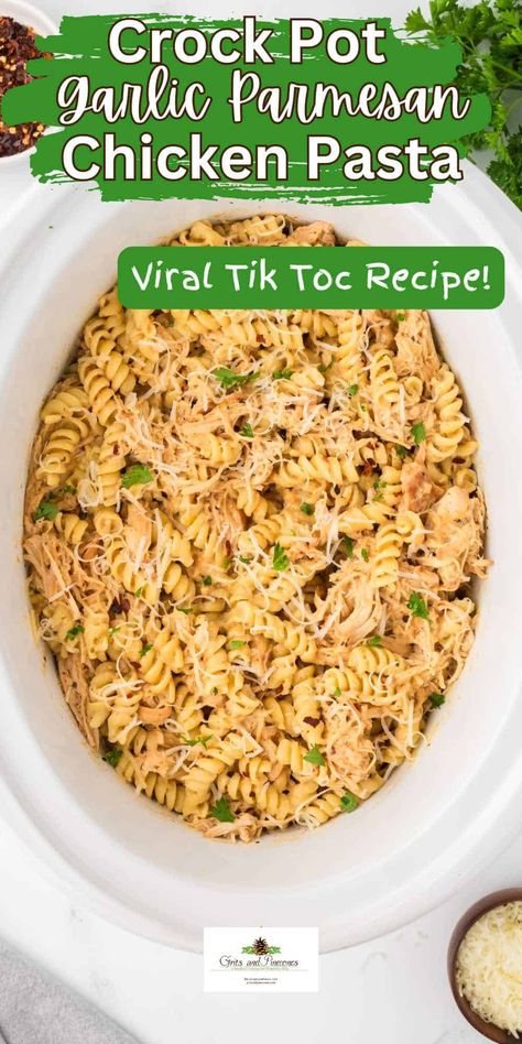 Discover the ultimate comfort food with this viral TikTok Crock Pot Garlic Parmesan Chicken Pasta Recipe! Slow-cooked to perfection, this easy pasta recipe combines tender shredded chicken with creamy cream cheese and rich Parmesan cheese, all brought together by the irresistible flavor of Buffalo Wild Wings Parmesan Garlic Sauce. Perfect for dinner, this homemade dish is easy to make with minimal effort. Pin now to save this must-try slow-cooker chicken pasta recipe! Chicken Cream Cheese Pasta Crock Pot, Pasta Chicken Dishes, Buffalo Wild Wings Parmesan Garlic Chicken Pasta Crockpot, Garlic Parm Chicken Pasta Crock Pot, Chicken Garlic Parmesan Recipe, Crockpot Chicken Garlic Parmesan Pasta, Garlic Parmesan Chicken Pasta Tiktok, Bulk Pasta Recipes, Chicken Garlic Parmesan Crockpot