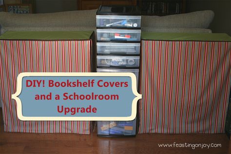 {DIY} Book shelf covers and schoolroom upgrade! Vertical Bookshelf, Shelf Cover, Room Upgrade, Modern Shelf, Bookshelves Diy, School Room, Free Homeschool, Built In Shelves, Open Book