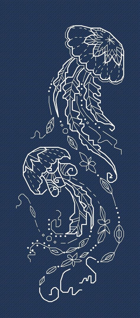 Jellyfish cross stitch chart designed by Alisa Okneas.  ATTENTION! Fabric and threads are not included! Cross stitch charts are intended for personal use only and can't be distributed any way. Jellyfish Embroidery Design, Embroidery Designs Ocean, Pattern Art Painting, Jellyfish Embroidery Pattern, Jellyfish Geometric, Embroidery Sea Life, Pixel Jellyfish, Embroidery Drawing Pattern, Mandala Jellyfish