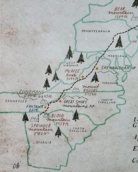 A few years ago I illustrated my first Appalachian Trail map…..but I really wanted to make some tweaks and re-release it, and this was the perfect collection to do that in!🌲 There are two new versions with different font/style, with a light and dark version. The first version was a top seller in the print shop and at local shows for me for a while, which is super fun! We live very close to the start of the Appalachian Trail and we hike parts of the trail often, so it holds a special place ... Hiking Trail, Hiking Map Design, Trail Map, Hiking Logo, Trail Map Illustration, Appalachian Trail Map Art, Appalachian Trail Section Hikes, Appalachian Trail Map, Maps Aesthetic