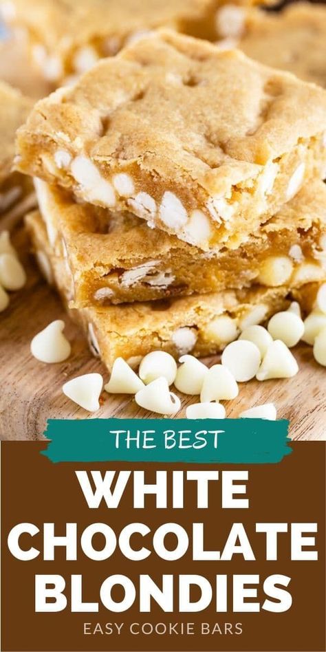 White Chocolate Blondies Recipe - Crazy for Crust Best Blondie Recipe, White Chocolate Chips Recipes, White Chocolate Blondies Recipe, Chocolate Blondies Recipe, Best Blondies Recipe, Blondie Recipe, Chocolate Blondies, Cookie Bars Easy, White Chocolate Blondies