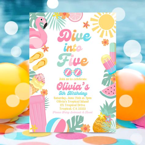 Splash Pad Birthday Party, Fifth Birthday Party, Pool Party Invite, Summer Elements, Love Website, Beach Balls, Pool Birthday, Fifth Birthday, Computer Basic