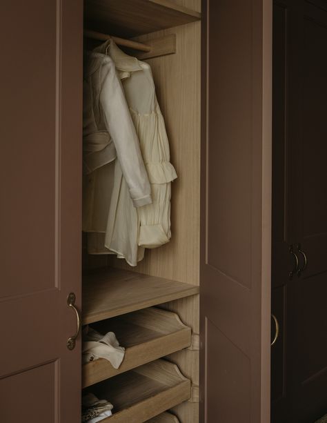 Our Oak and Cedar of Lebanon interiors and Oak pull-out drawers inside our bespoke 'Stowupland' wardrobes, hand painted in 'Kipper' from our Colour Collection No.2 Plain English Kitchen, Painted Wardrobe, Dressing Room Closet, Plain English, Cabinetry Design, English Design, Room Closet, Pull Out Drawers, Wardrobe Doors