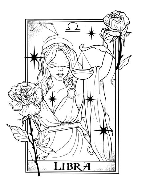 Libra Venus Tattoo, Female Tarot Card Tattoo, Tarot Card Strength Tattoo, Air Sign Tattoo, Strength Tarot Card Tattoo Design, Libra Sketch, Zodiac Tarot Cards Tattoo, Libra Tarot Card Tattoo, Peaceful Drawings