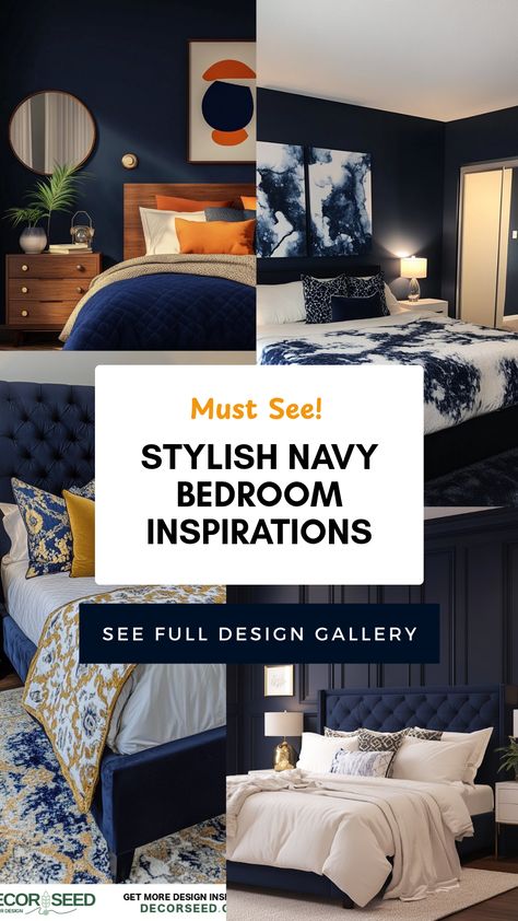 Transform your personal space with these stylish navy bedroom inspirations. Discover unique ideas to incorporate deep blue tones with various textures and colors, creating a serene retreat. From accent walls to plush bedding, your dream navy-themed room can feel both abundant and cozy. Elevate your decor game by balancing dark navy with lighter hues and playful patterns to make your bedroom a reflection of your style. Whether you're aiming for sophistication or a relaxed vibe, these ideas are certain to guide your design journey. Navy Bedding Bedroom Ideas, Navy Bedding Bedroom, Navy Wall Bedroom, Decorating Above Bed, Blue Red Bedroom, Hale Navy Bedroom, Navy Bedroom Walls, Royal Blue Bedrooms, Navy Accent Walls