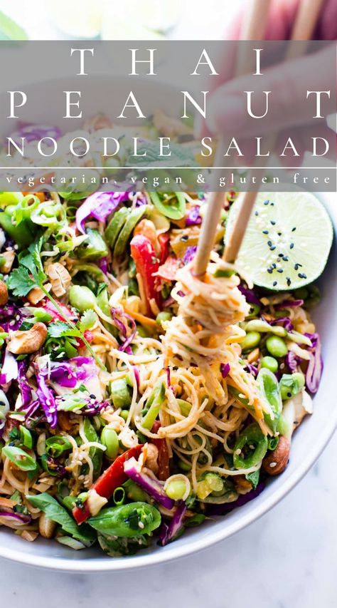 Thai Peanut Noodle Salad in a bowl wit chopsticks. Swordfish Salad Recipe, Thai Peanut Noodle Salad, Edamame Rice, Peanut Noodle Salad, Thai Peanut Salad, Thai Peanut Noodles, Thai Noodle Salad, Crunchy Veggies, Asian Noodle Salad