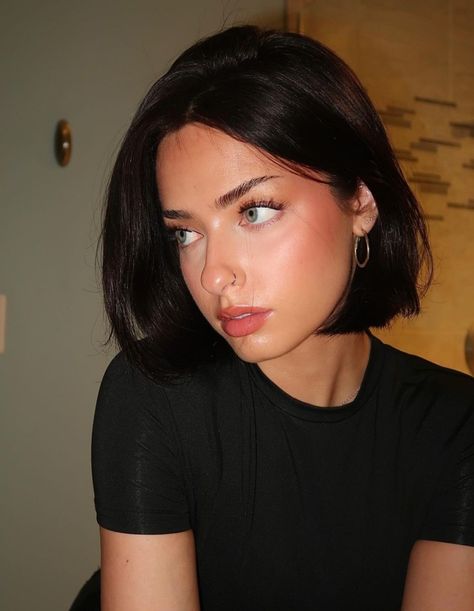 Short Hair Goals Aesthetic, Black Bob Character, Short Dark Hair Updo, Bob Hairstyles Asian Round Faces, Short Dark Brown Hair Layers, Women Short Hair Round Face, Sleek Black Bob, Cool Brown Short Hair, Dark Feminine Short Hair