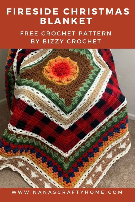 The Fireside Sampler Blanket is a free crochet pattern by Bizzy Crochet hosted by Nana's Crafty Home! This beautiful center-out throw is a Christmas themed sampler style blanket with video tutorials to help you along the way! The perfect stash / scrap busting project for a cozy throw reminiscent of Christmas times gone by! Crochet Alongs Patterns Free, Crochet Christmas Blankets Free Patterns, Crochet Sampler Blanket Pattern Free, Christmas Crochet Afghan Patterns, Christmas Afghans Crochet Patterns Free, Crochet Throw Pattern Free, Sampler Crochet Blanket, Christmas Blanket Pattern, Christmas Blanket Crochet