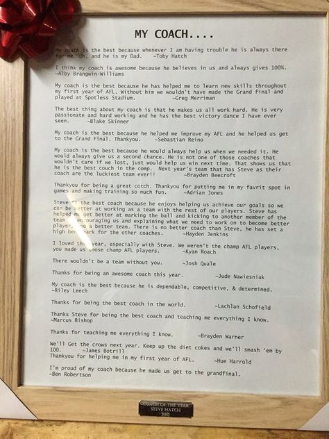 Idea for coach thank you gift featuring quotes from team players that year Birthday Gift For Coach, Diy Coach Gifts Volleyball, Letters To Coaches Thank You, Thank You Coach Quotes Inspiration, Thank You Coach Gifts, Senior Year Fun, Appreciation Letter, Goodbye Letter, Goodbye Gifts