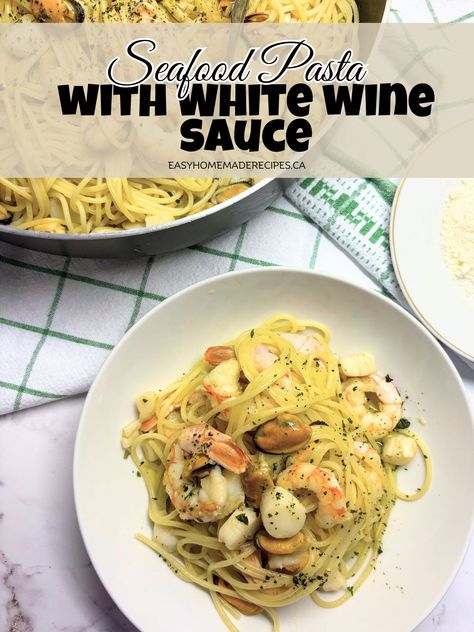 Seafood Pasta Recipes White Wine, Pasta With White Wine Sauce, Seafood Pasta White Wine, Pasta With White Wine, White Wine Pasta Sauce, Creamy Seafood Pasta, Bowl Of Spaghetti, Prawn Pasta, Crab Pasta