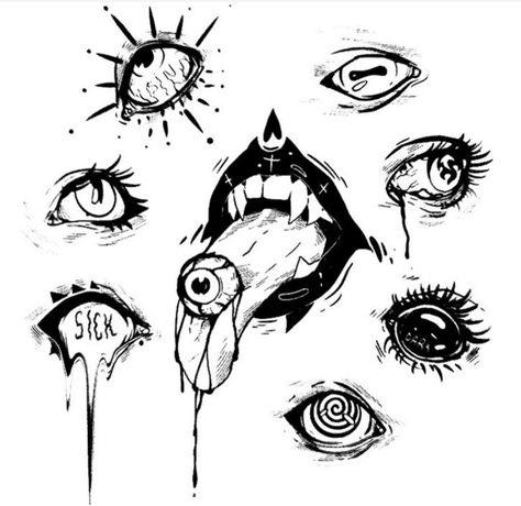 Body Disfigurement Art, Dark Trippy Drawing Ideas, Eyeball Sleeve Tattoo, Creepy Eyeball Tattoo, Horror Eyes Art, Dark Spooky Tattoos, Witchy Sketches Easy, Creepy Eyes Tattoo, Dark Aesthetic Tattoo Ideas