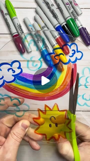 Cloud And Rainbow Craft, Clouds Rainbow, Rainbow Suncatcher, Craft Scissors, Suncatcher Craft, Diy Shades, Plastic Food Containers, Sharpie Markers, Easy Arts And Crafts