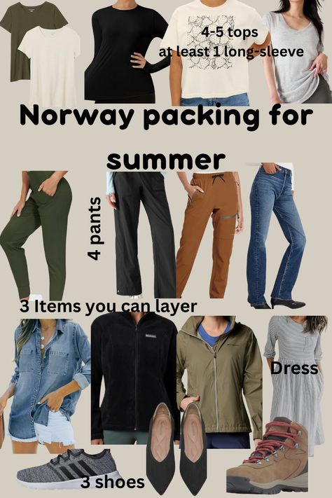 Norway Packing this packing list will help on your next Travel.  Especially a place where you are doing a lot of walking and temperatures flocculate Norway Fashion Women, Norway Summer Packing List, What To Pack For Norway Summer, Oslo Outfit Summer, What To Wear In Norway In Summer, Packing For Norway In September, Norway Travel Outfits, Norway Fashion Summer, Norway Outfit Summer