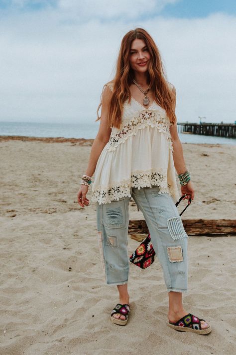 Fun, flowy, and unique—every boho gal's dream! The Catania Lace Trim Tunic Top is exactly what you've been looking for. Don't miss out! So pretty, intricate crochet fabric and contrast details throughout Relaxed and loose tank top silhouette Classic V-neckline and sleeveless design with thick tank straps Low V-backline with classic zipper back closure for comfortable fit Slight high-low crochet trim bottom edge with a rounded back edge for added boho style Pair with: Evermore Seamless Lace Racer Boho Essentials, Loose Tank Top, Bralette Outfit, Boho Tank Top, Intricate Crochet, Loose Tank, Loose Tank Tops, Crochet Fabric, Flowy Tank Tops