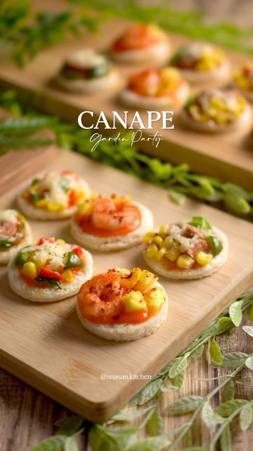 Anasan Kitchen on Instagram: "Let’s Make Canape Garden Party Ingredients : Use ring cutter to cut the bread into a circle shape (6 bread for 12 Canape) 1. Sausage Chesse Canape Beef Sausage Bell Pepper Mozzarella Cheese Tomato Sauce 2. Veggie Cheese Canape Boiled Corn Red Bell Pepper Bell Pepper Onion Mozzarella Cheese Spicy mayo ( hot chilli sauce + mayonnaise) Dried Oregano 3. Pineapple Shrimp Canape Sea salt & Pepper grilled Shrimp Pineapple Paprika Powder Spicy mayo ( hot chilli sau Shrimp Canapes, Pineapple Shrimp, Boiled Corn, Cheese Tomato, Beef Sausage, Spicy Mayo, Grilled Shrimp, Chilli Sauce, Crushed Tomatoes