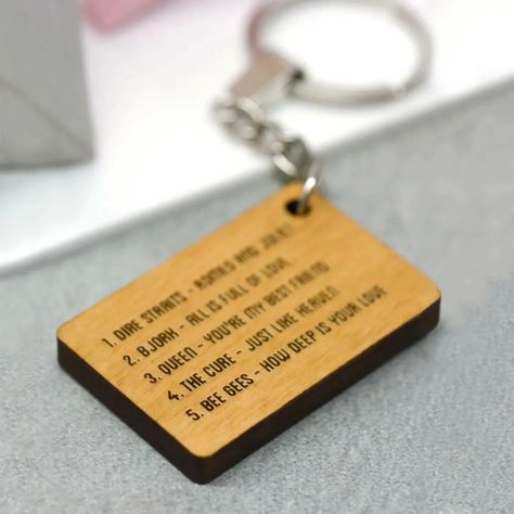 A cute little gift for a music lover. Our mixed tape keyring can be personalised with a name on the front and your choice of artist and songs and the back. . . . . . . . . . . #mixedtape #keyring #personalisedgift #cassettetape Glowforge Ideas, Just Like Heaven, Our Song, Barn Wood Projects, Wood Keychain, Wood Burning Crafts, Cassette Tape, New Quotes, Sentimental Gifts