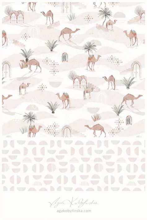 Moroccan Desert - a surface pattern design collection, hand illustrated with watercolor by Aga Kobylinska, featuring camels, palms and sand dunes. Prints available on bedding sets and wallpapers of Matuu brand. (matuu.eu) Boho nursery ideas, neutral tones, nursery decor, nursery ideas neutral, unisex textile design, modern boho. Modern Boho Wallpaper, Camel Wallpaper, Boho Nursery Ideas, Nursery Ideas Neutral, Camels Illustration, Desert Pattern, Kids Branding Design, Moroccan Desert, Dragonfly Artwork