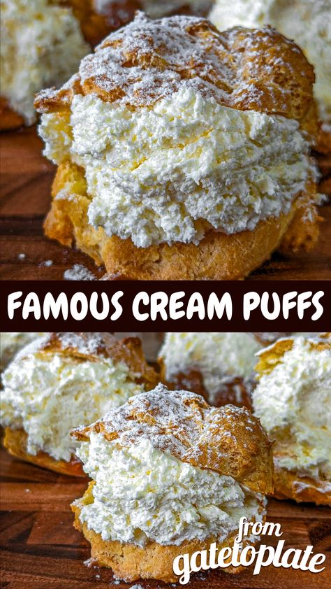 Famous Cream Puffs - From Gate To Plate Large Cream Puffs, Cream Puff Recipe, Vanilla Filling, Puff Recipe, Cream Puff, Puff Pastry Recipes, Pastry Dough, Cream Puffs, Eclairs