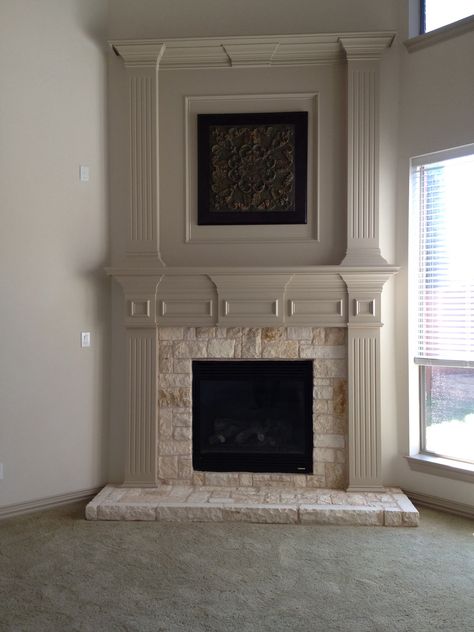 Double stacked tan fireplace Taupe Fireplace Brick, Tan Fireplace, Two Story Tapered Fireplace, Stucco Corner Fireplace, Corner Gas Fireplace Mantels, French54”” Wood Fireplace Surround, Updating House, Scandinavian Style, Shabby Chic