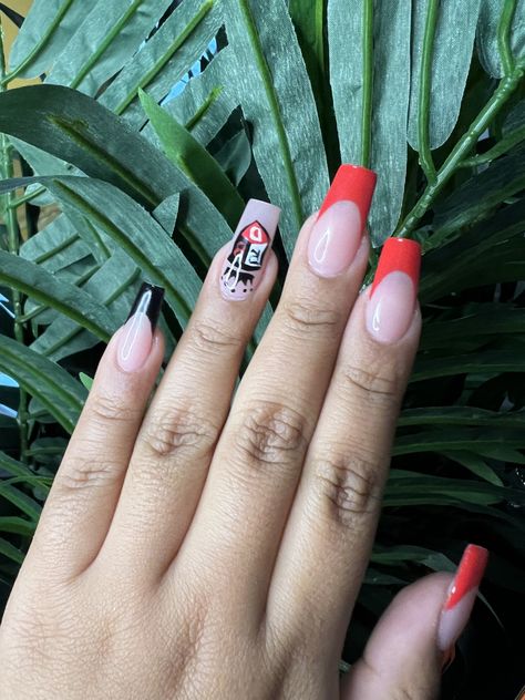 3 red french tip nails with pinky being a black french tip. Ring finger is RBD logo pop group logo Rbd Concert Nails, Rbd Inspired Nails, Rbd Rebelde Nails, Rebelde Nails, Rbd Concert, Red French Tip Nails, Red French Tip, Concert Nails, Red French