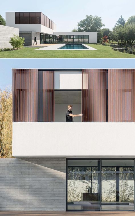 Wood Screens And Board-Formed Concrete Add Character To The Design Of This L-Shaped Home L Shaped Houses Exterior, Board Formed Concrete, L Shaped House, Built In Bathtub, Backyard Views, Wood Screens, House Design Exterior, Concrete Home, House Studio