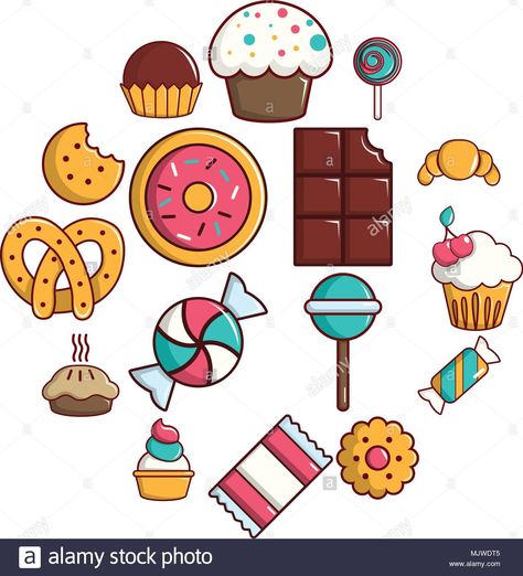 Descargar este vector: Dulces Tartas de Golosinas, conjunto de iconos de estilo de dibujos animados - MJWDT5 de la biblioteca de Alamy de millones de fotografías, ilustraciones y vectores de alta resolución. Candy Icon, Candy Clipart, Cake Icon, Cookie Clipart, Cupcake Clipart, Cake Vector, Sweets Candy, Candy Cakes, Colorful Candy