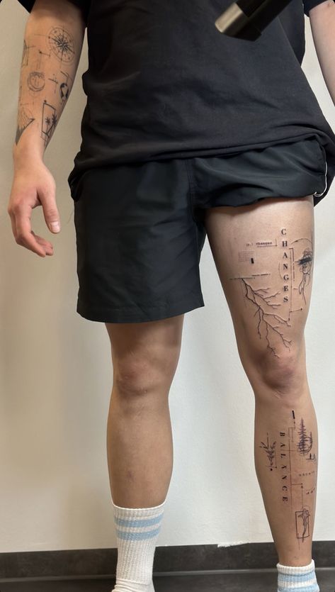 Simple Leg Tattoos, Small Geometric Tattoo, Thigh Tattoo Men, Evolution Tattoo, Tattoo Ideas Males, Balance Tattoo, Simple Tattoos For Guys, Realistic Tattoo Sleeve, Back Piece Tattoo