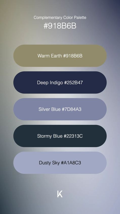 Complementary Color Palette Warm Earth #918B6B · Deep Indigo #252B47 · Silver Blue #7D84A3 · Stormy Blue #22313C · Dusty Sky #A1A8C3 Silver Blue Color Palette, Dusty Blue Color Palette, Complementary Color Palette, Color Palette Warm, Silver Color Palette, Weather Stones, Stormy Blue, Hex Color Palette, Deep Indigo