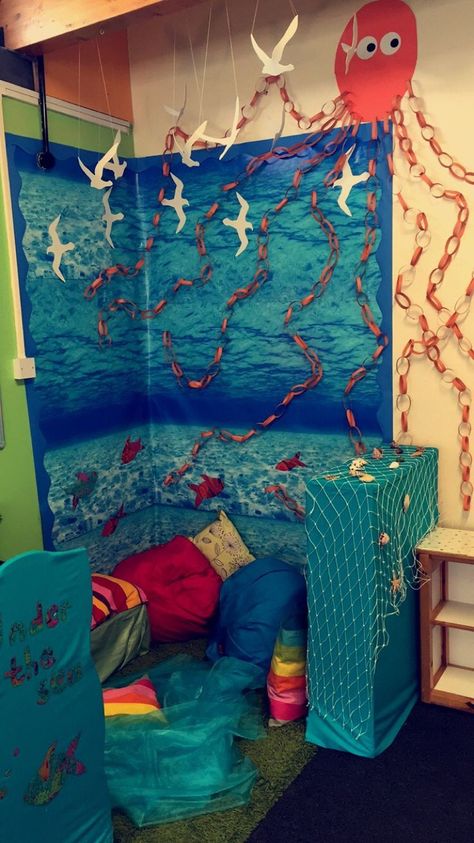 Under The Sea Reading Area, Under The Sea Book Corner, Under The Sea Reading Corner, Ocean Reading Corner, Mermaid Classroom, Book Corner Ideas, Under The Sea Classroom, Reading Corner Classroom, Beach Theme Classroom