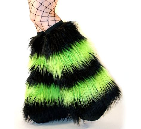 "Striped Black and Lime Green Fluffies. Made professionally using The softest, fluffiest and longest haired faux fur. They are 19\" long from top to bottom, and flared around the bottom, with an elastic band sewn at the top (can be worn shown out or hidden - tucked in) to keep them from slipping down while you're partying the night out at the club. One size fits most (Stretchy elastic will Fit most calfs, let me know if you think you may need custom size or length). Perfect for Burning Man, Club Fur Boot Covers, Scene Clothing, 2000s Scene, Fur Leg Warmers, Knitted Leg Warmers, Girls Streetwear, Goth Boots, Scene Outfits, Kawaii Goth