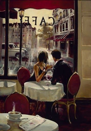 Brent Heighton //Romantic Evening I have this print, its one of my favorite paintings. Its so romantic. Brent Heighton, Cafe Art, Paris Cafe, Painting People, Romantic Evening, Romantic Art, Couple Art, Gigi Hadid, Modern Art Abstract